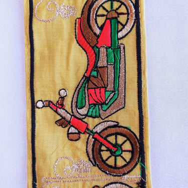 Beige Fabric trim with Embroidered Motorbikes - Brown, Red, Light Gold & Green